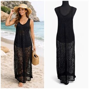 Venus Black Patchwork Crochet Maxi Swim Cover Up Boho Beach Dress M